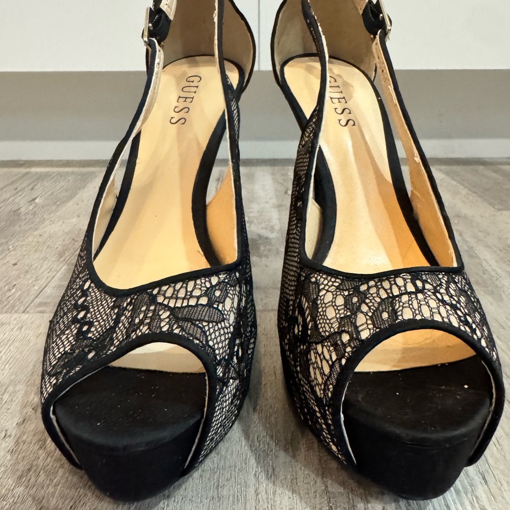 GUESS Black and Cream Lace Heels